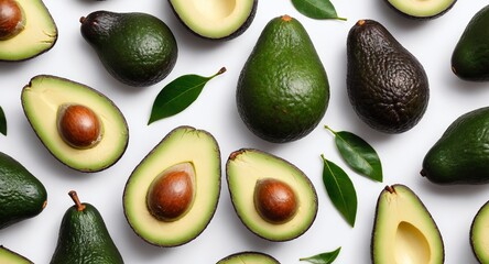 Fresh avocado fruits with green leaves on white background. Top view, flat lay. Eating healthy fats. Generative AI