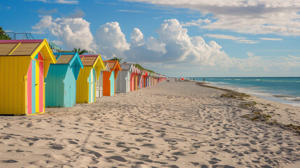 Row after row of vibrant beach cabanas lining a sandy shore, providing shelter and shade for beachgoers seeking respite from the sun while adding a picturesque pop of color to the coastal landscape - obrazy, fototapety, plakaty