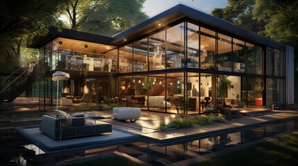 Fototapeta premium A photo of a Glass House with Open Plan Design