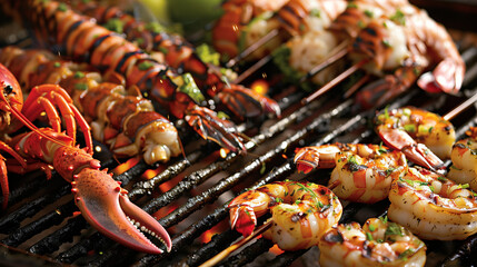 A festive barbecue party featuring an array of grilled seafood delights, including shrimp skewers, lobster tails, and fish fillets, sizzling on the grill