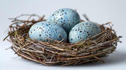 Naklejka na ściany i meble Close-up of blackbird eggs in a nest, isolated on a white background.