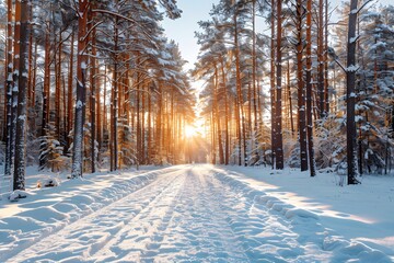Sun Shining Through Trees in Snow - obrazy, fototapety, plakaty