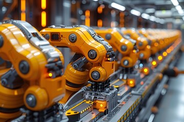 Fototapeta premium Robotic Arms Moving Along a Conveyor Belt in a Factory