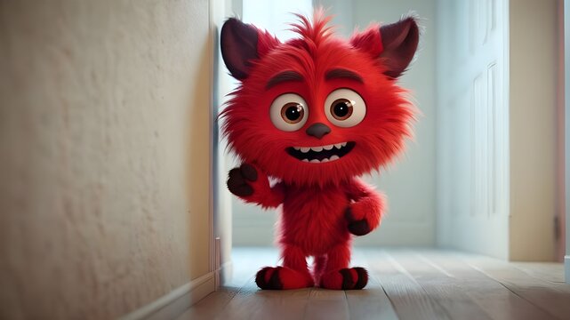 3D Cartoon Character: Shy Red Furry Monster Huddled in Corner with Oversized Drooping Ears - Cute and Adorable Timid Creature Illustration for Character Design and Emotion Expression
