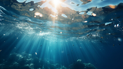 Fototapeta na wymiar Underwater Sunlight Rays Penetrating Ocean Surface