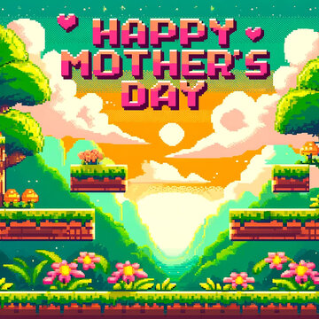 Colorful pixel-art Mother's Day greeting in a nostalgic retro video game style, set against a serene natural backdrop