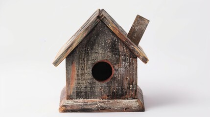 Isolated wooden birdhouse against a white background.