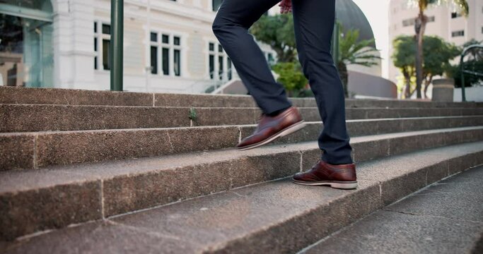 Legs, walking and business person at steps in city for travel in the morning outdoor. Shoes, commute and professional at stairs in urban town for journey, trip and work opportunity for consultant