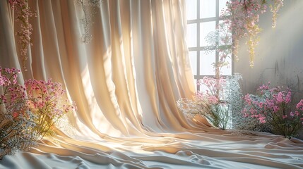 Morning light filters through a window, casting a warm glow on elegant curtains and fresh pink flowers