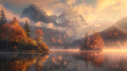 Autumn hues adorn Lake Hintersee, where the Bavarian Alps meet the Austrian border. The vibrant sunrise casts a glow upon the picturesque scene, showcasing the stunning beauty of the region.