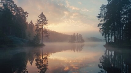 The serene beauty of a mist-covered lake at sunrise, with the surrounding trees partially obscured by the fog. The calm water reflects the soft colors of the morning sky, creating a peaceful dreamlike - obrazy, fototapety, plakaty