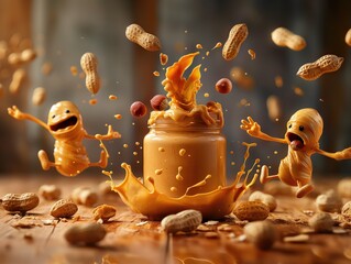 A peanut butter jar has arms and hands chasing nuts and putting them in the jar.