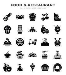 Set of Food and Restaurant icons in Glyph style. Glyph Icons symbol collection.