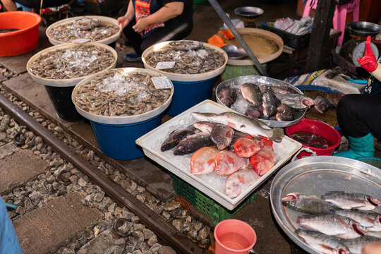 Seafood for sale at a street market.