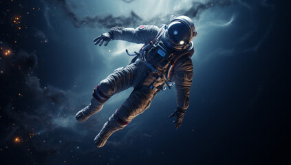 Fototapeta na wymiar Astronaut floating in outer space floating. space wallpaper. Universe filled with stars, galaxies and planets. in zero gravity with Earth in the background