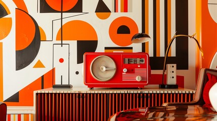 Antique red radio sits atop a table, flanked by a wall adorned with bold geometric shapes in white and vibrant orange.