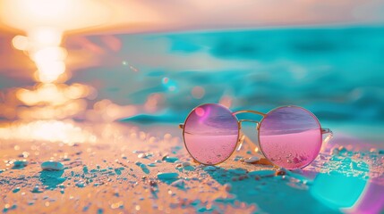 Capture the essence of summer with our vibrant sunglasses landscape. Dive into the panorama of the sea and sun-kissed beach, perfect for summer promotions and social media posts.