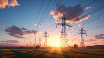 Full length photo high-voltage power lines at sunset, high voltage electric transmission tall tower. Texture high voltage pillar, overhead power line, industrial background. Panorama style. Silhoutte 