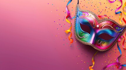 Multicolored carnival mask banner, solid color background with space for text  generative ai images