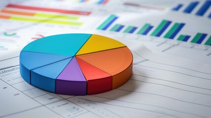 Colorful pie chart on desk with various other graphs and charts