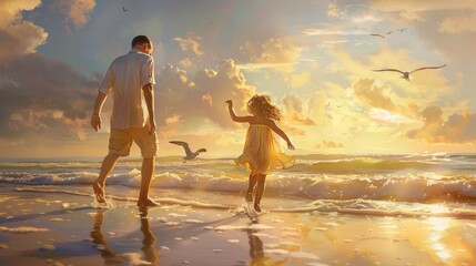 Coastal Delight: Oil Painting of Father-Daughter Fun