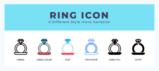 Ring icon set with different styles. Vector illustration.