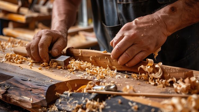 Person woodworking with hand tools, creating shavings on bench