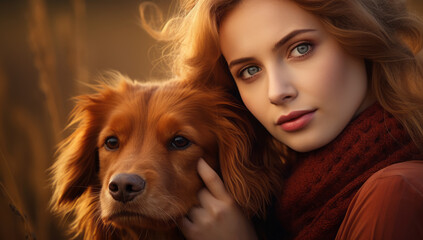 Beautiful red head woman posing with a dog. Woman posing happy with her dog. Candid photo of female veterinarian and golden retriever - Powered by Adobe