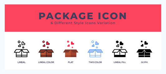 Package icon set with different styles. Icons designed in filled. outline. flat. glyph and line colored.