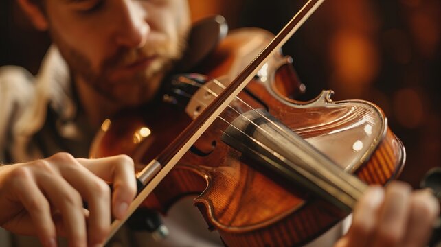 Close-up of man intently playing violin with bow, showcasing instrument and his focused expression