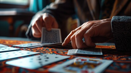Close-up of person's hands dealing playing cards on colorful patterned tablecloth - obrazy, fototapety, plakaty