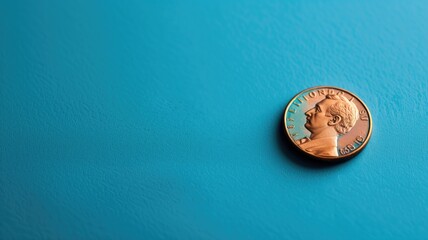 Single shiny penny coin is placed on textured blue surface, creating simple yet striking contrast