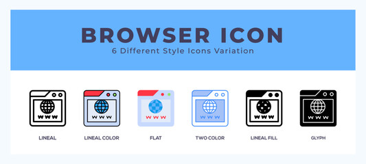 Browser icon set with different styles. Design elements for logo. Vector illustration.