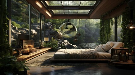 Modern house with large windows, featuring exterior lighting and a tranquil natural setting.