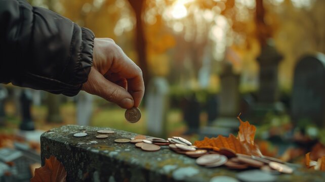 Hand is placing coin on weathered gravestone covered in autumn leaves