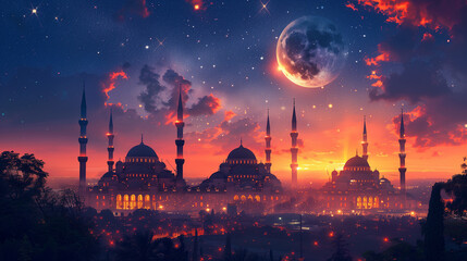 A captivating digital illustration depicting Arabian mosque towers standing tall under the crescent moon, symbolizing the blessings of Ramadan Eid Mubarak-3 - obrazy, fototapety, plakaty
