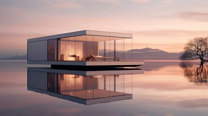Idyllic lakeside house at sunset with calm waters and forested hills in the background. - obrazy, fototapety, plakaty