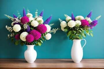 Two vases filled with pink and white flowers on a table.
