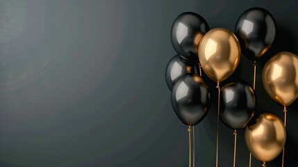 Black and golden balloons shimmering against a stylishly dark gray backdrop, evoking an atmosphere of opulence and jubilation, Solid Color Background, Plenty of copy space, real photo
