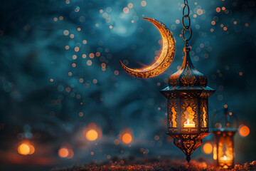 A shimmering crescent moon glows amidst intricate arabesque patterns, setting the stage for a graceful Eid Mubarak celebration-2 - obrazy, fototapety, plakaty