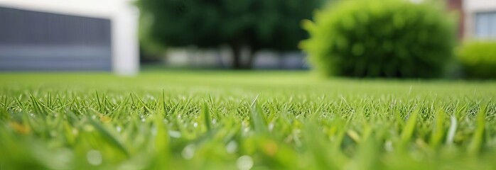 A peaceful urban landscape featuring a vibrant, neatly trimmed green lawn - obrazy, fototapety, plakaty