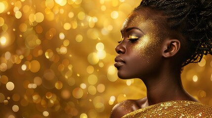 African woman in gold on black background, girl in black dress, Luxury and premium photography for advertising product design, copy space, isolated on golden background