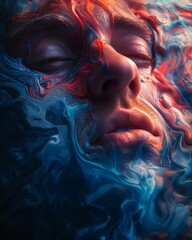 A mesmerizing portrait with vibrant red and blue swirl patterns embracing a peaceful, closed-eyed face