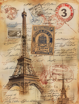 Parisian Themed Collage with Eiffel Tower and Vintage Stamps