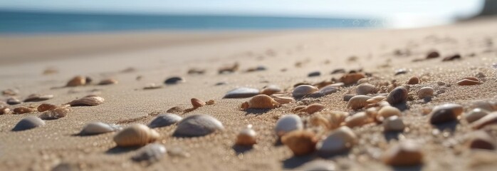 An array of seashells strewn across the sandy expanse of a pristine beach - obrazy, fototapety, plakaty