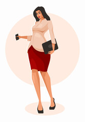 Running businesswoman with tablet and smartphone. Woman office worker goes to conference
