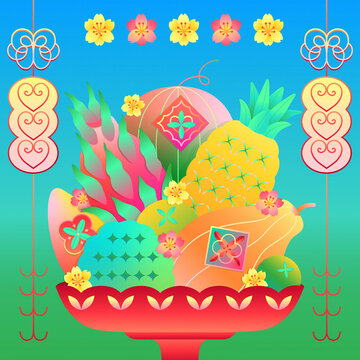 A tray of the five fruits required for worship on the eve