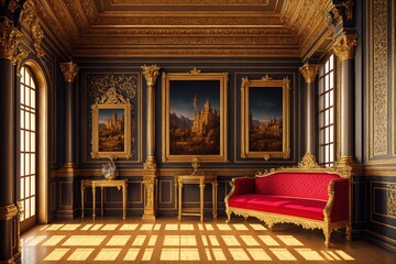 A beautiful, ornate room with a red couch and several paintings on the walls.