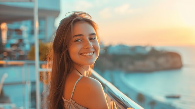 travel summer tourism holiday vacation background, young smiling girl standing on the terrace generative ai images