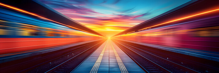 Railroad in motion at sunset. Railway station,
Highspeed train in motion on the railway station Blurred background
